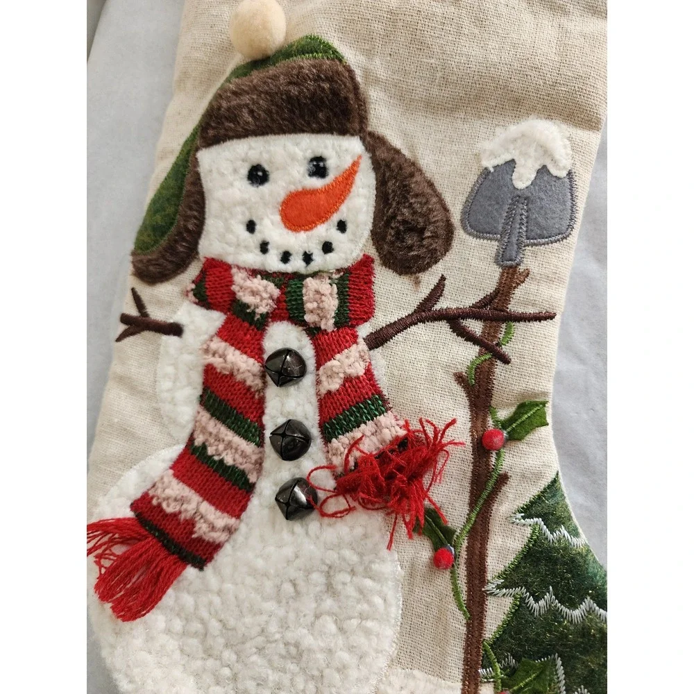 Set of 2 Burlap Christmas Stockings Santa and Snowman Applique Plaid Cuff 18in